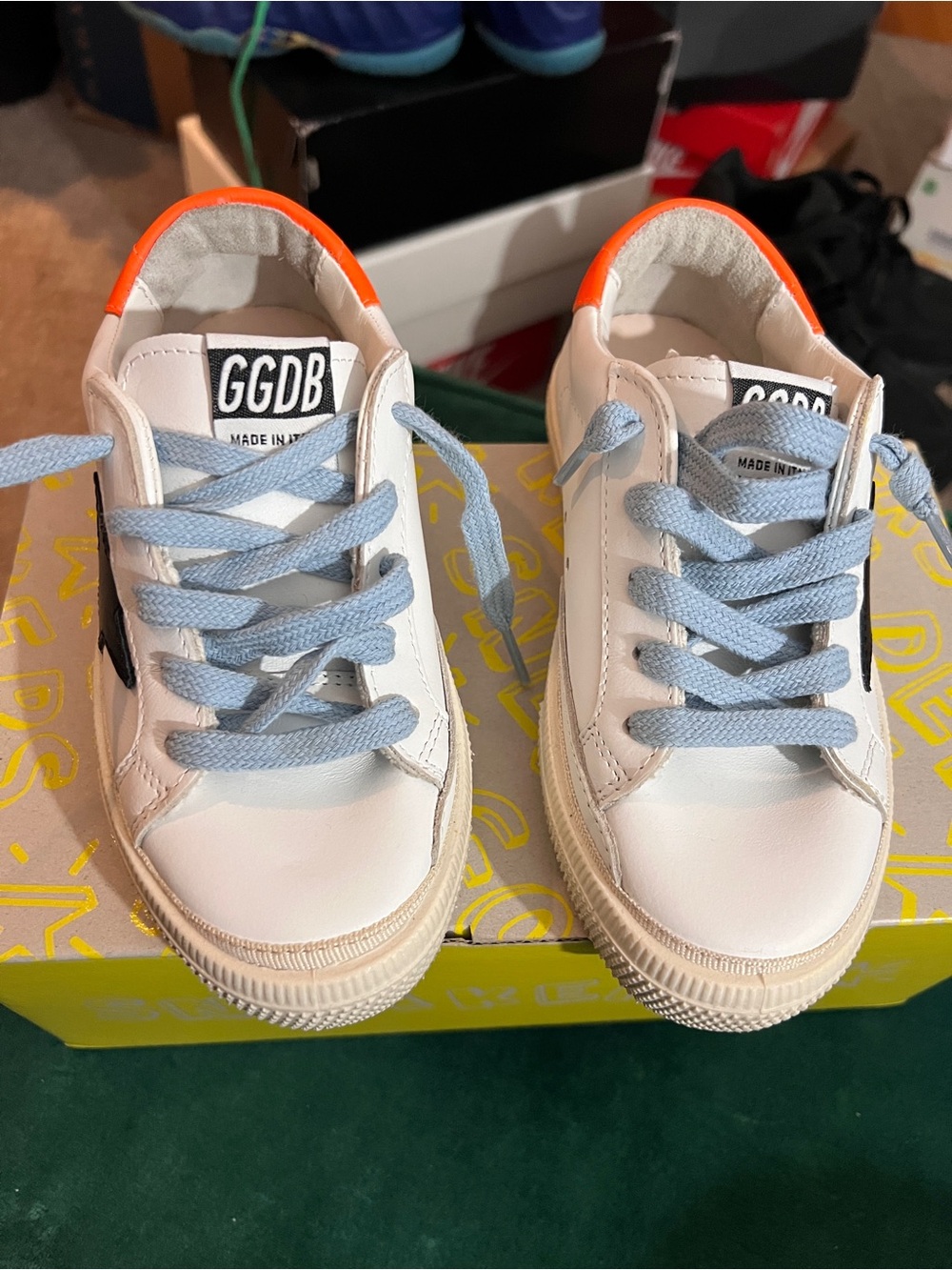 Golden Goose Kids White Sneakers with Light Blue Laces and Orange Heel Tab